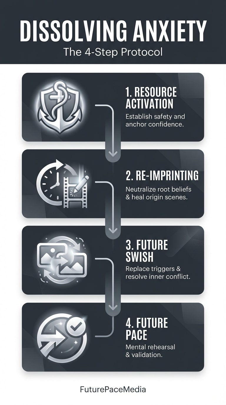 A tall vertical infographic (9:16) summarizing the topic. 16 aspect ratio) visualizing a "4-Step Protocol to Dissolve Anxiety". The design should be modern, clean, and corporate, utilizing a vector art style or high-end flat design.
<strong></strong>Color Palette:<strong></strong>
* Primary: Deep Charcoal (#32373c)
* Secondary: White (#ffffff)
* Accents: Soft Greys or subtle gradients to maintain a professional look.
<strong></strong>Layout & Content Structure:<strong></strong>
1. <strong></strong>Header:<strong></strong> Large, bold typography at the top reading "DISSOLVING ANXIETY" with a smaller subtitle "The 4-Step Protocol".
2. <strong></strong>Step 1 - Resource Activation:<strong></strong> Visual icon of a strong anchor or a shield. Text label: "1. RESOURCE ACTIVATION". Brief description: "Establish safety and anchor confidence."
3. <strong></strong>Step 2 - Re-Imprinting:<strong></strong> Visual icon of a rewinding clock or a film strip being edited. Text label: "2. RE-IMPRINTING". Brief description: "Neutralize root beliefs & heal origin scenes."
4. <strong></strong>Step 3 - Future Swish:<strong></strong> Visual icon of two images swapping or a metamorphosis. Text label: "3. FUTURE SWISH". Brief description: "Replace triggers & resolve inner conflict."
5. <strong></strong>Step 4 - Future Pace:<strong></strong> Visual icon of a path leading forward or a verified checkmark. Text label: "4. FUTURE PACE". Brief description: "Mental rehearsal & validation."
6. <strong></strong>Footer:<strong></strong> discreetly placed branding text at the bottom reading "FuturePaceMedia".
<strong></strong>Style Notes:<strong></strong>
* Use a clean, vertical flow (timeline or stacked cards layout).
* Ensure high contrast between text and background (White text on Charcoal background or vice versa).
* Typography should be sans-serif, legible, and modern.
* --ar 9:16